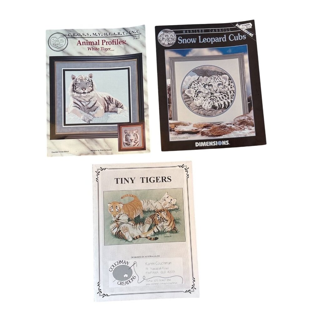 Tiger Cross Stitch Patterns Lot Of 3 Tiny Tigers, White Tiger, Snow Leopard Cubs